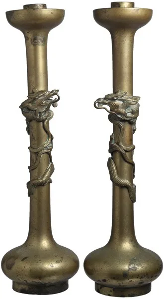 Japanese Pair of Meiji Bronze Dragon Candlesticks