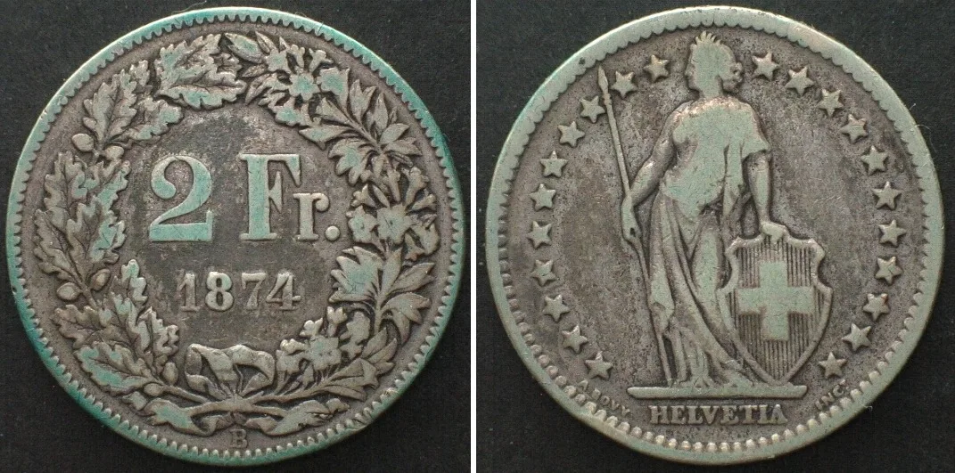 1874 SWITZERLAND. 2 Franken 1874 B, silver, SCARCE DATE! aVF VF-