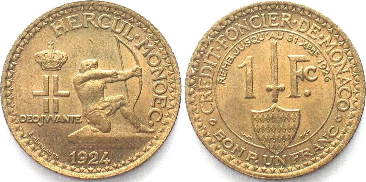 1924 MONACO. 1 Franc 1924 LOUIS II Alu-Bro UNC!!!