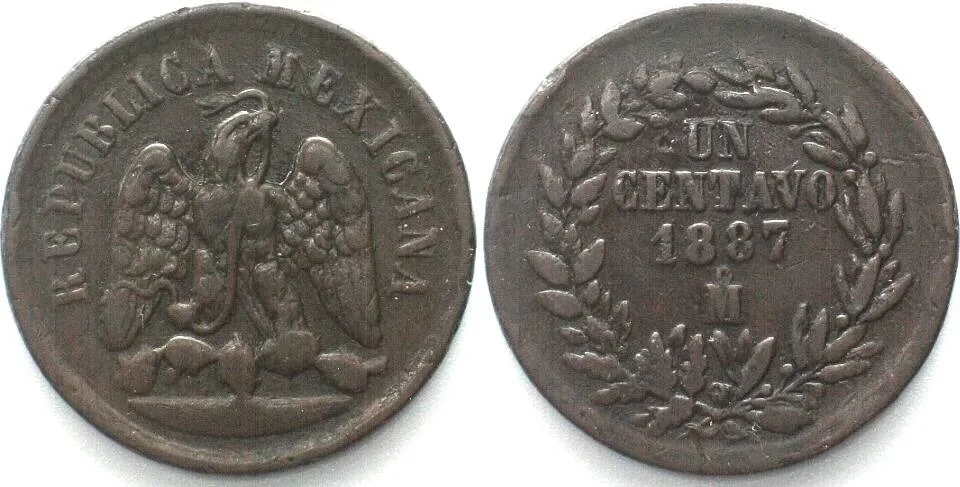 1887 MEXICO. 1 Centavo 1887 Mo, copper, VF
