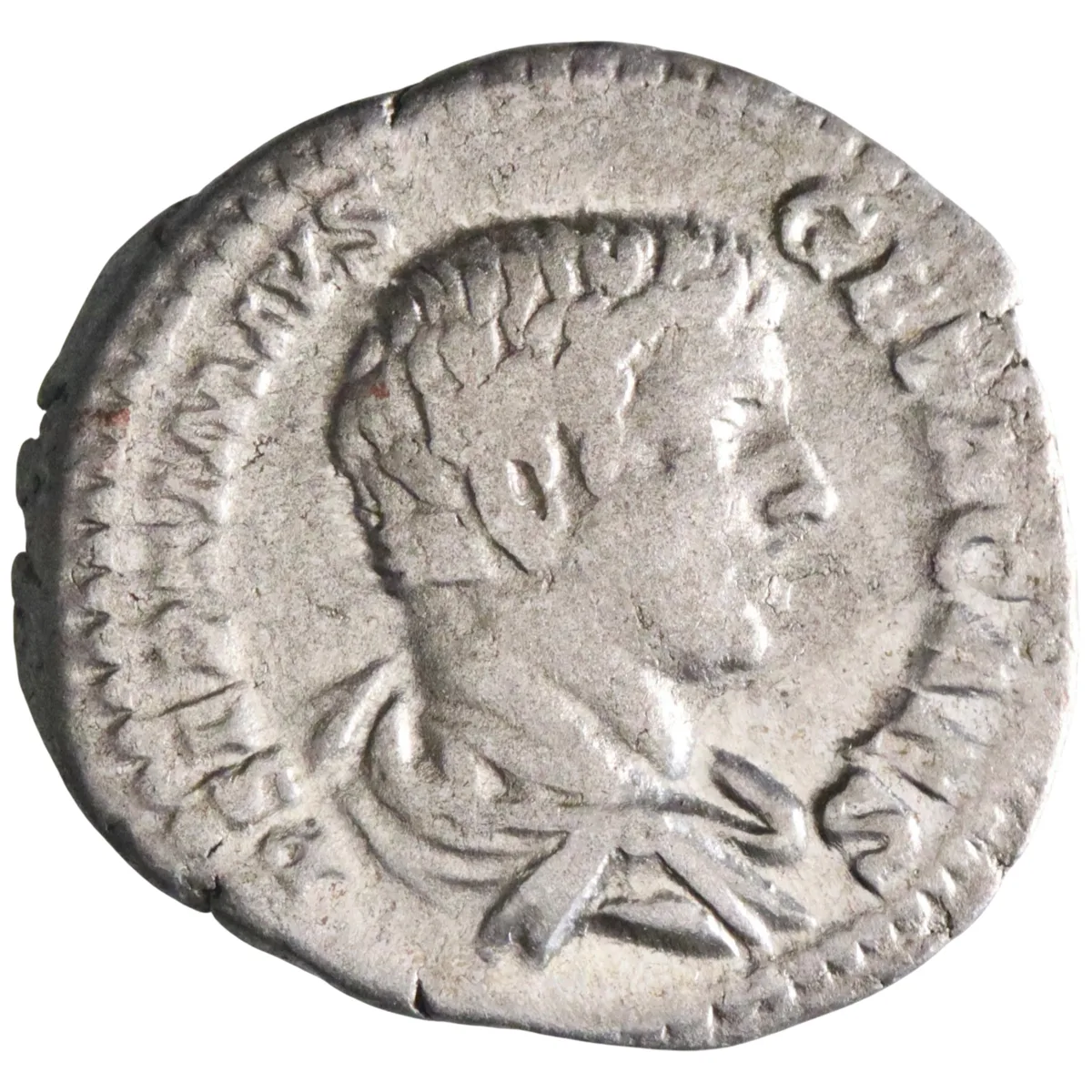 Roman: Geta, as Caesar (198-209), silver denarius (3.27g), Rome mint, 203-208 CE. Minerva standing left, leaning on shield and holding spear.