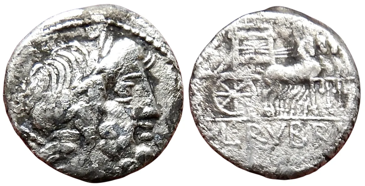 The Roman Republic. L. Rubrius Dossenus AR Denarius (3.06 g). Rome, 87 BC.