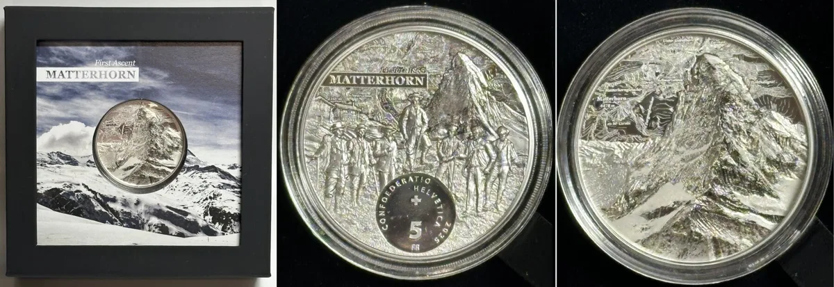 2025 SWITZERLAND 5 Francs 2025 MATTERHORN Ulta High Relief, mintage: 1865 pcs. RARE! Proof