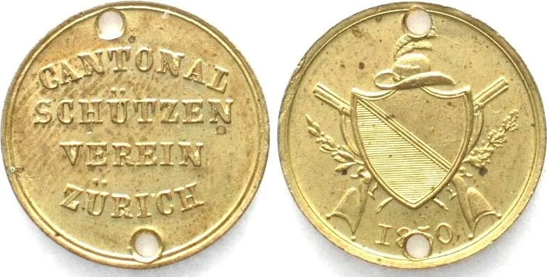 1850 Swiss ZURICH Shooting Jeton 1850 gilt brass RRR! AU
