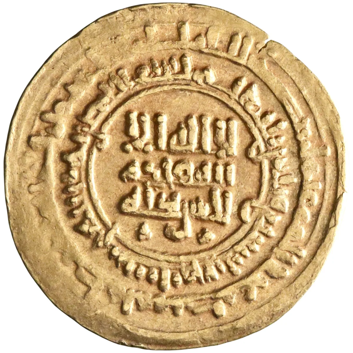 Samanid: Nuh II ibn Nasr (943-954), gold dinar (4.06g), Naysabur (Nishapur) mint, AH 337 (948-949 CE). Citing deposed Abbasid caliph al-Mustakfi. Die-engraver's signature. Scarce.