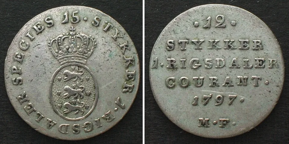 1797 DENMARK 1/15 Specie Daler 1797 MF, CHRISTIAN VII, silver, SCARCE! XF EF