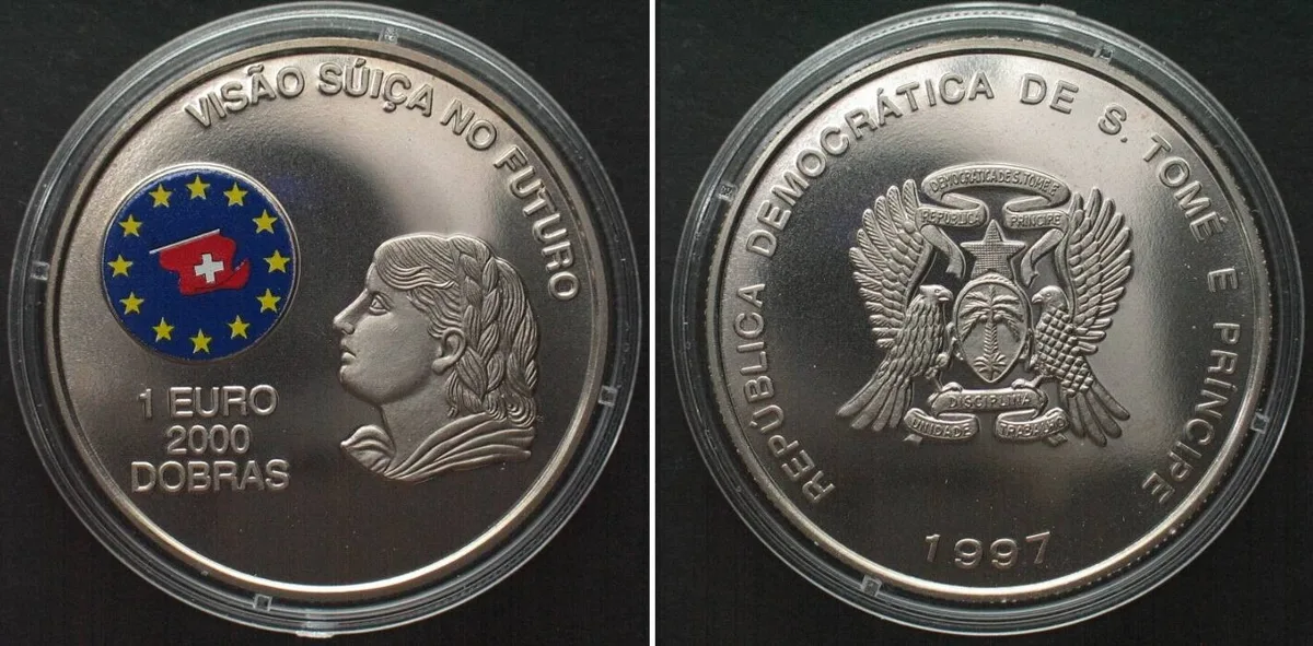 1997 ST. THOMAS and PRINCE ISLAND 2000 Dobras - 1 Euro 1997, Vreneli, Cu-Ni COLORED BU