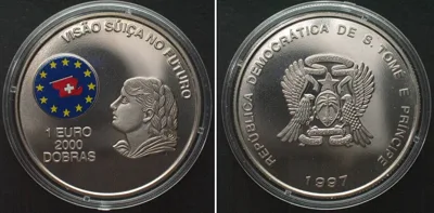1997 ST. THOMAS and PRINCE ISLAND 2000 Dobras - 1 Euro 1997, Vreneli, Cu-Ni COLORED BU