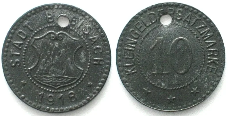 1918 Germany BREISACH (Baden) 10 Pfennig 1918, NOTGELD, zinc UNC-