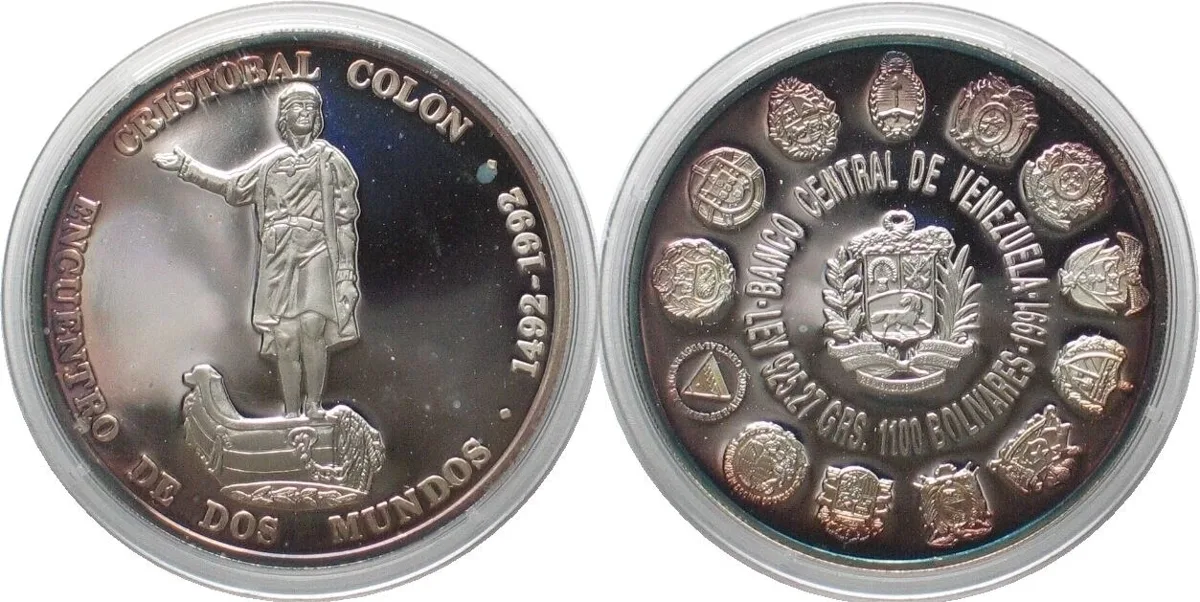 1991 VENEZUELA 1100 Bolivares 1991 CRISTOBAL COLON Discovery IBERO-AMERICA silver Proof