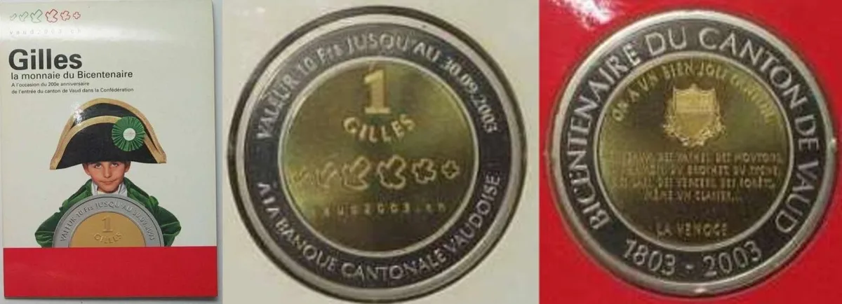 2003 Swiss VAUD 10 Francs (1 Gilles) 2003 local coinage Bi-mettalic Proof
