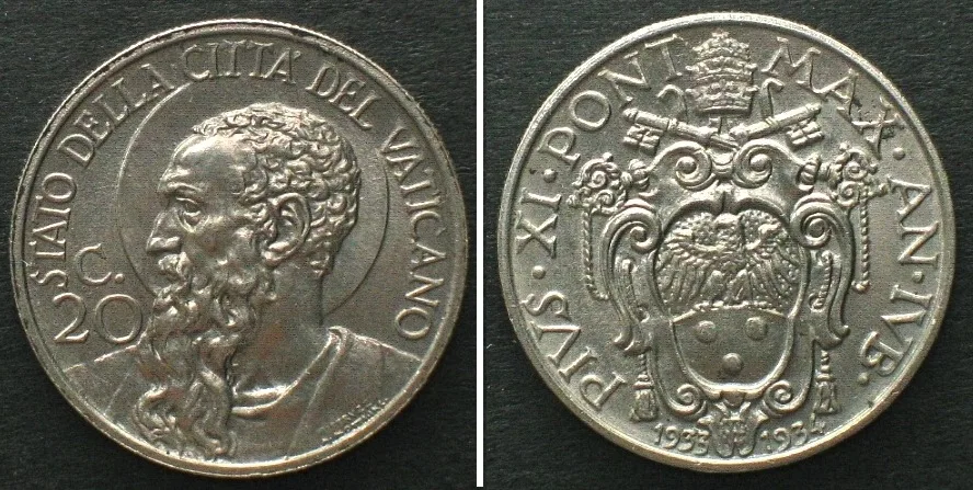 1933-1934 VATICAN 20 Centesimi 1933-34, Jubilee, PIUS XI, nickel UNC