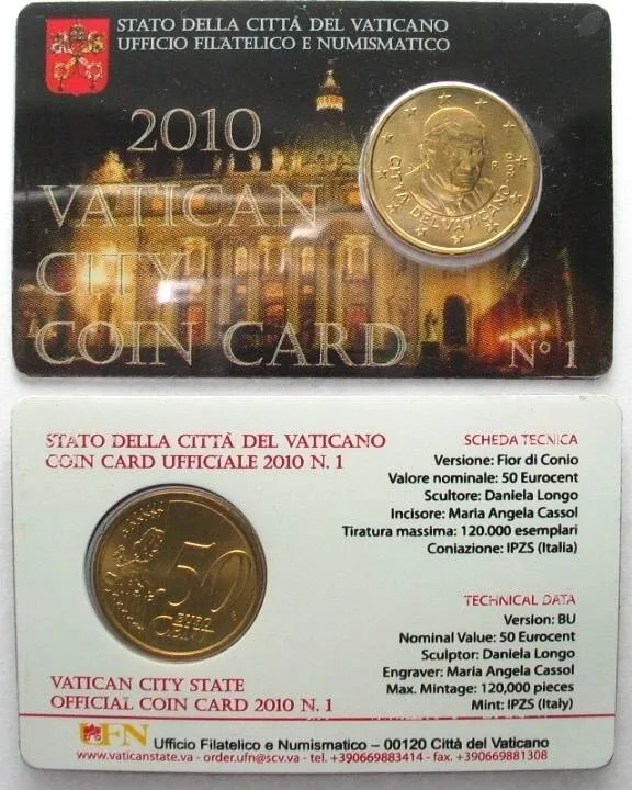 2010 2 x VATICAN 2010 50 Euro cent BENEDICT XVI in COINCARD N°1 BU