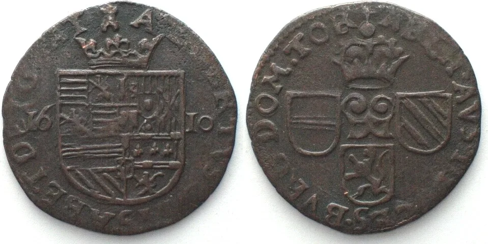 1610 SPANISH NL - TOURNAI Liard 1610 ALBERT & ISABELLA copper SCARCE! XF EF