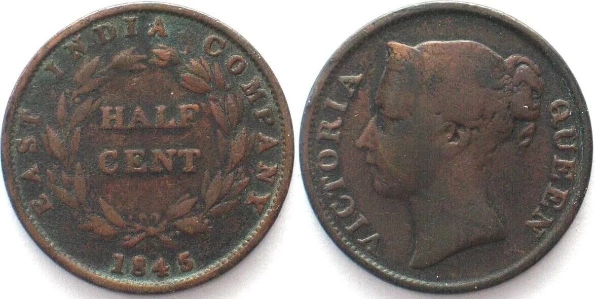 1845 STRAITS SETTLEMENTS 1/2 Cent 1845 VICTORIA copper VF