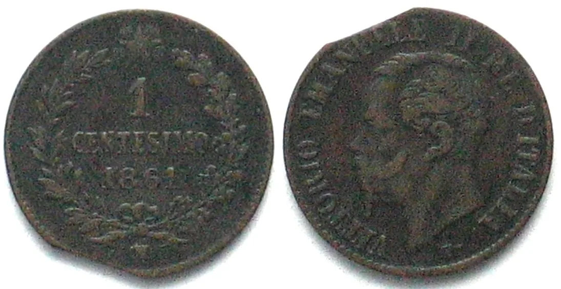 1861 ITALY. 1 Centesimo 1861 M, Vittorio Emanuele II, clipped flan mint error, VF+