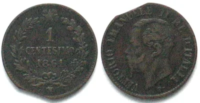 1861 ITALY. 1 Centesimo 1861 M, Vittorio Emanuele II, clipped flan mint error, VF+