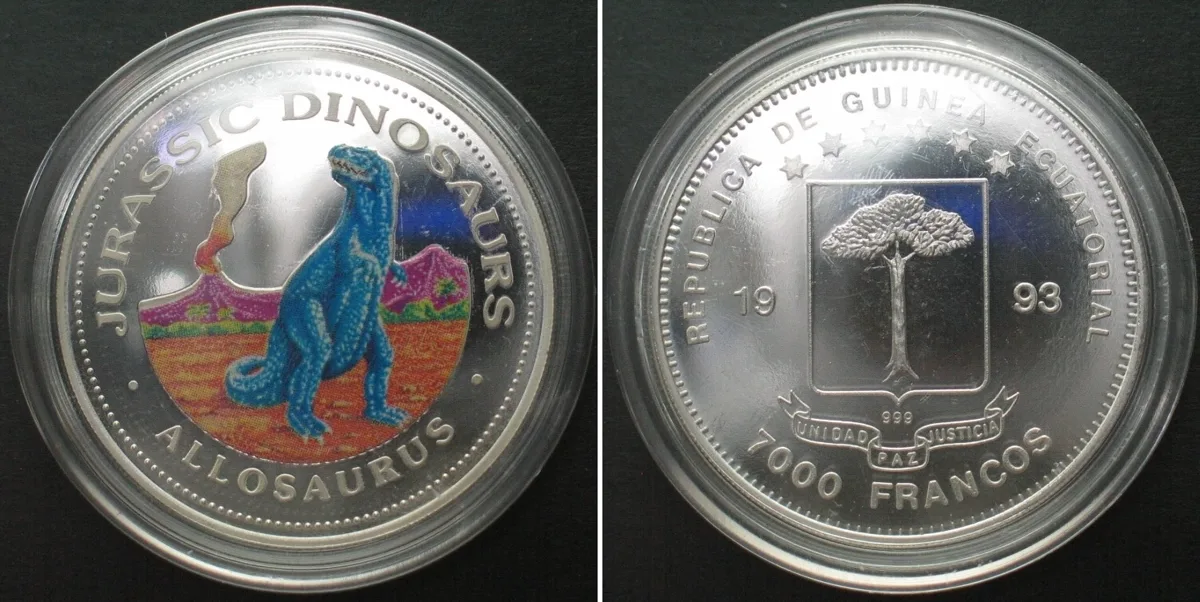 1993 EQUATORIAL GUINEA 7000 Francos 1993 Allosaurus DINOSAURS silver COLORED Proof