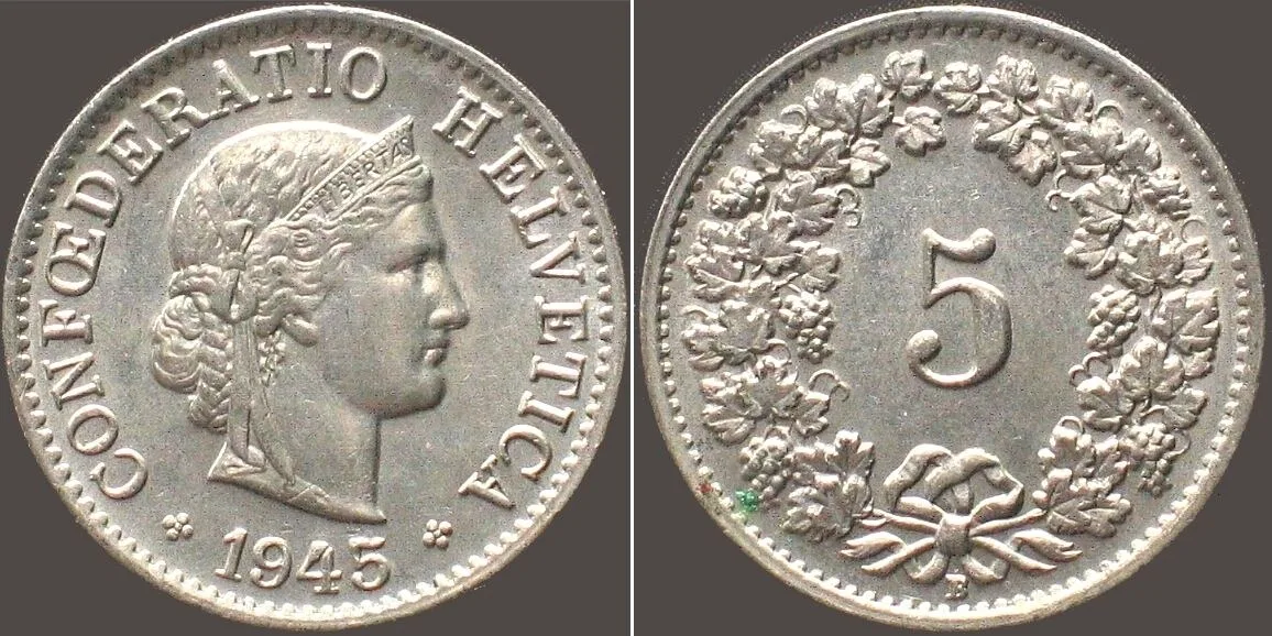 1945 SWITZERLAND 5 Rappen 1945 Cu-Ni SCARCE!!! UNC!