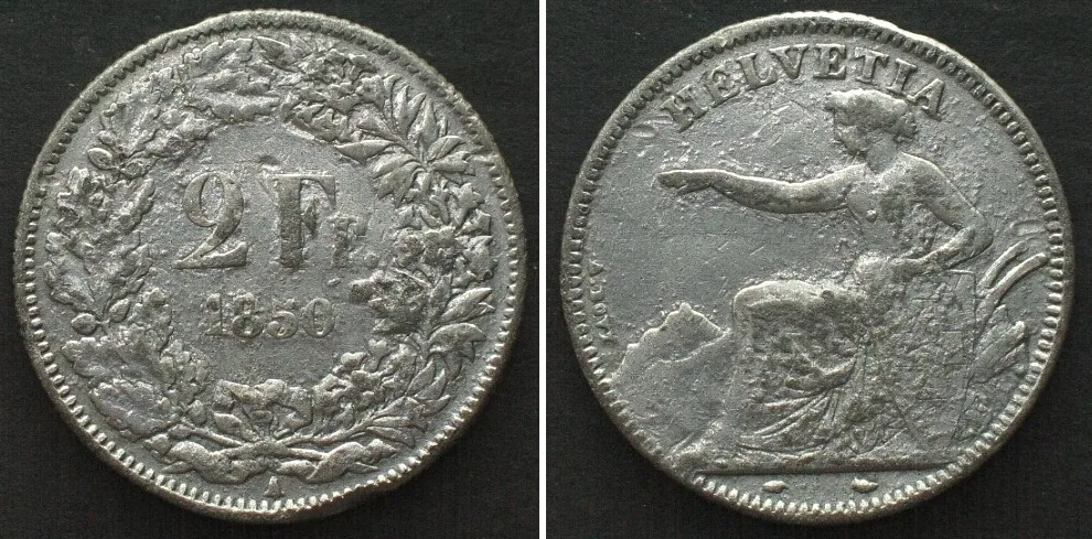 1850 SWITZERLAND 2 Francs 1850 A, contemporary counterfeit, tin/lead alloy EF
