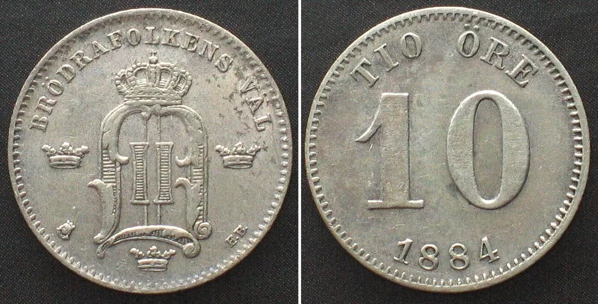 1884 SWEDEN 10 Ore 1884 OSCAR II silver AU!