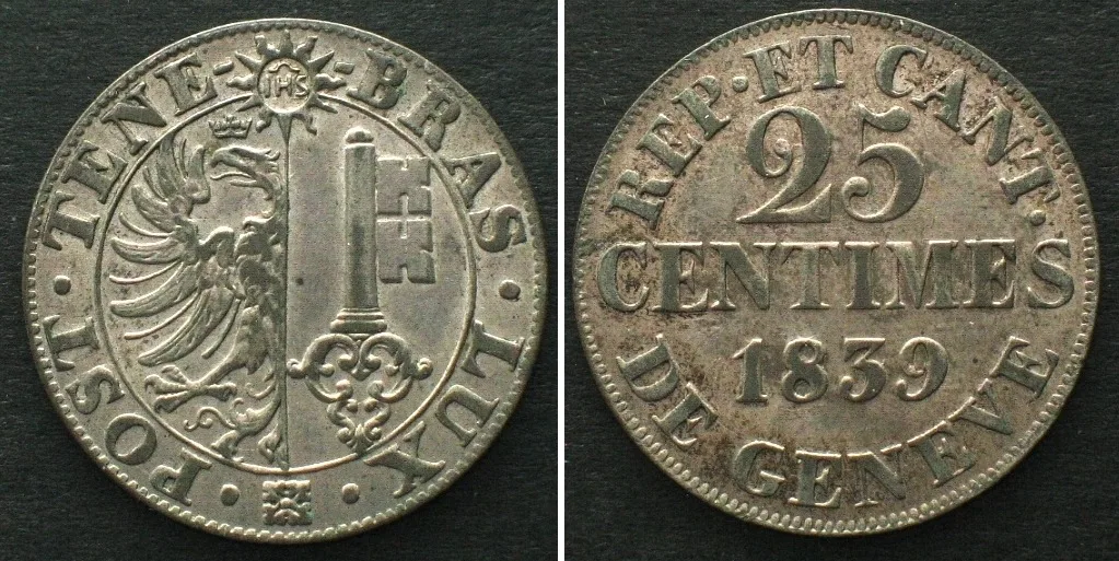 1839 Swiss Cantons GENEVA 25 Centimes 1839 billon UNC-!