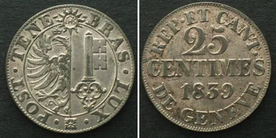 1839 Swiss Cantons GENEVA 25 Centimes 1839 billon UNC-!