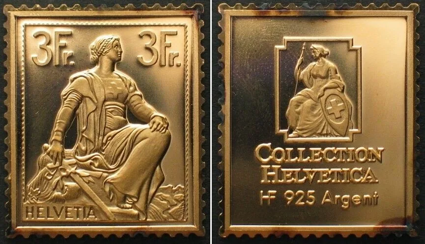 1985 COLLECTION HELVETICA Sitzende Helvetia mit Schwert 3 Fr. 1908, silver ingot Proof