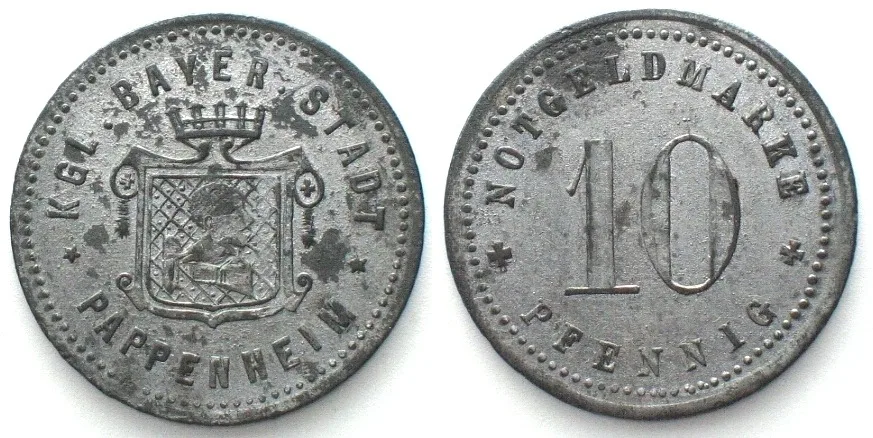 1917-1921 Germany PAPPENHEIM (Bavaria) 10 Pfennig ND, NOTGELD, zinc UNC-