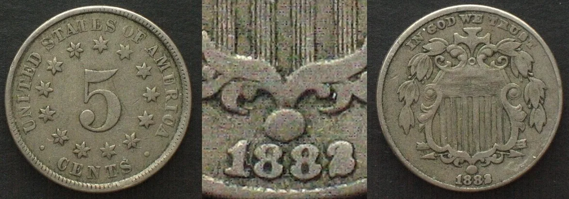 1883 US 1883/2 overdate SHIELD NICKEL 5 Cents Cu-Ni RARE!!! VF