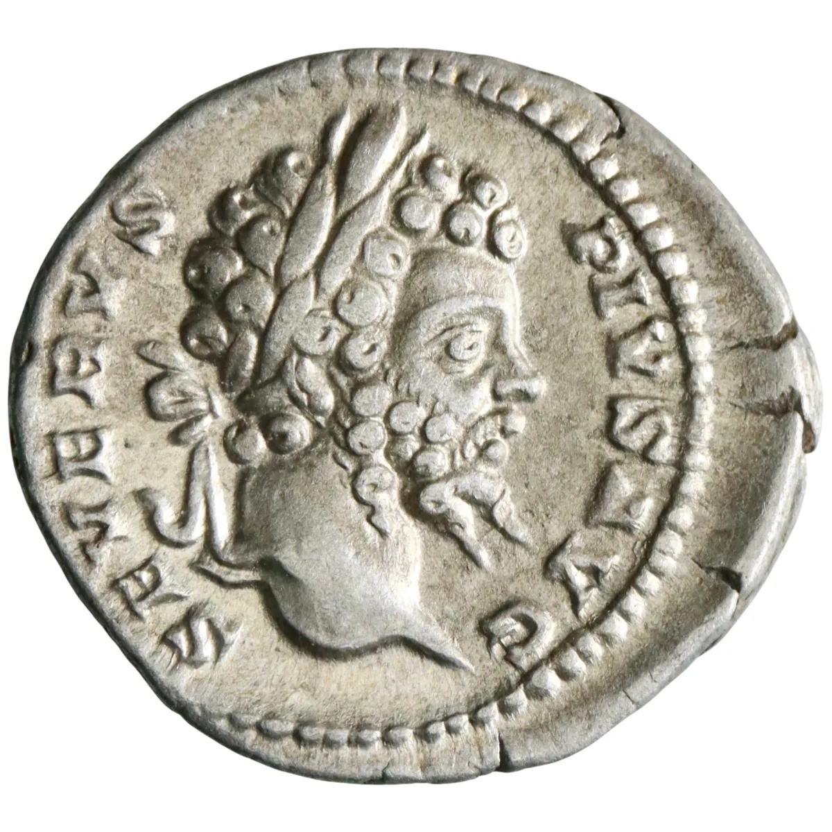 Roman: Septimius Severus (193-211), silver denarius (3.40g), Rome mint, 193-211 CE. Septimius, togate and veiled, standing left, holding olive branch.