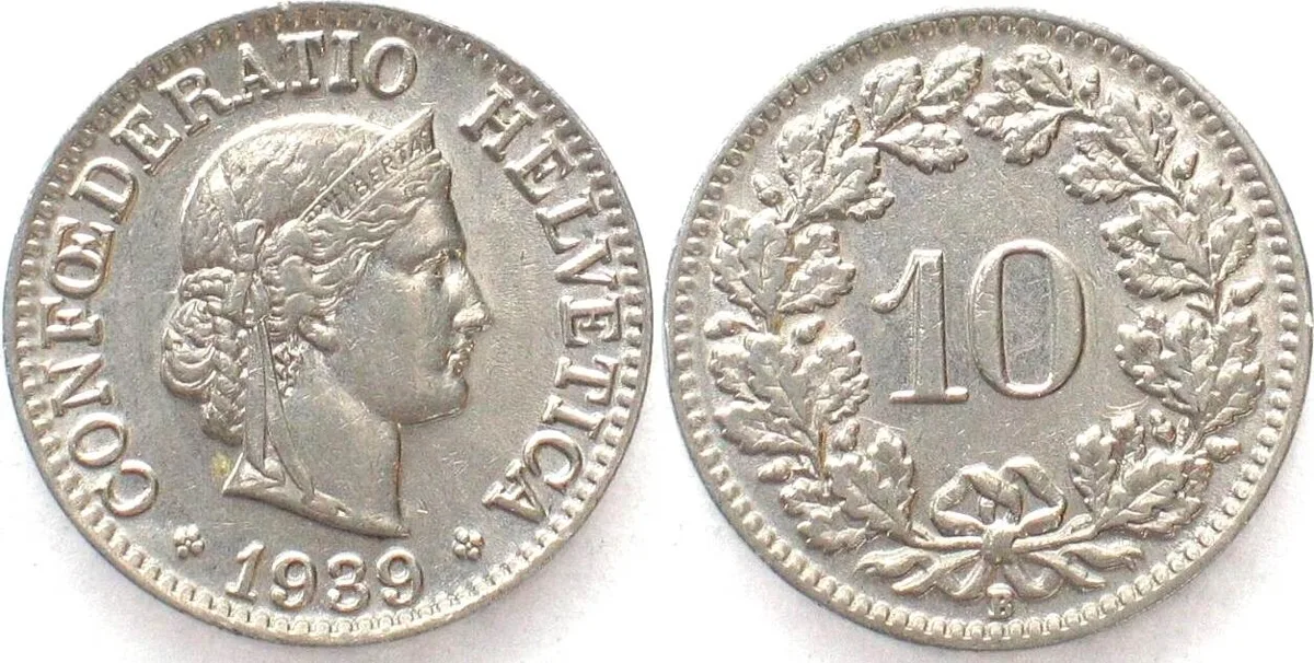 1939 SWITZERLAND 10 Rappen 1939 nickel UNC!