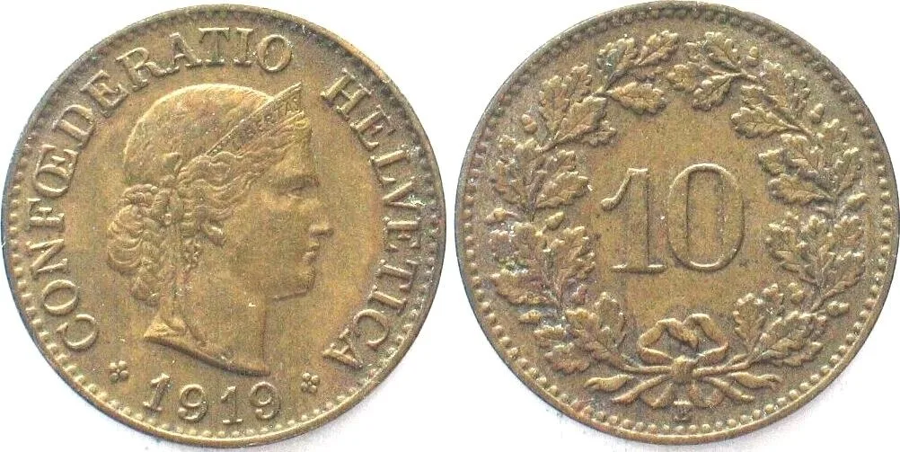 1919 SWITZERLAND 10 Rappen 1919 brass XF! RARE! EF