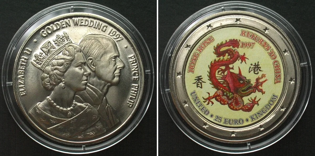 1997 UK 25 Euro 1997 Dragon HONG KONG RETURNS TO CHINA / GOLDEN WEDDING Cu-Ni BU