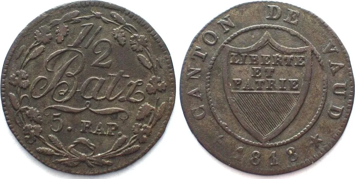 1818 Swiss VAUD 1/2 Batzen 1818 billon XF! EF