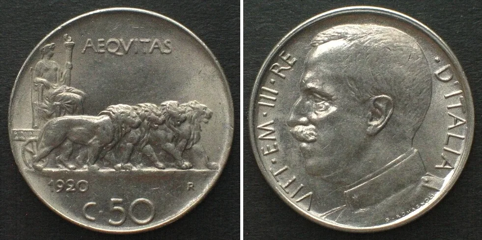 1920 ITALY 50 Centesimi 1920 plain edge VITTORIO EMANUELE III nickel BU!!!