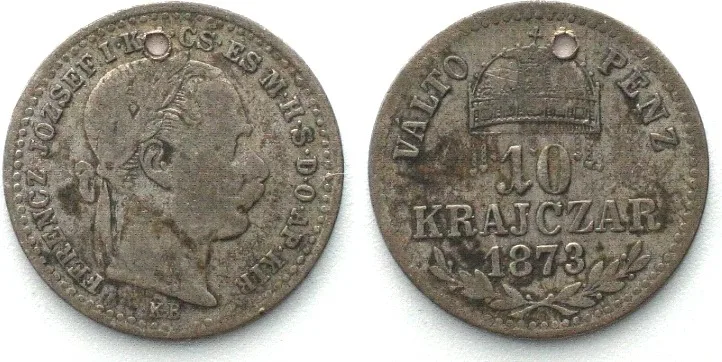1873 HUNGARY 10 Krajczar 1873 KB, FRANZ JOSEPH I, silver SCARCE! AU