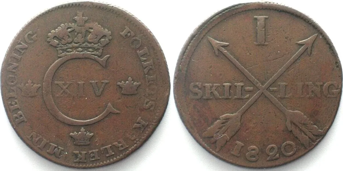 1820 SWEDEN 1 Skilling 1820, oblique milling, CARL XIV JOHAN, copper, SCARCE! VF