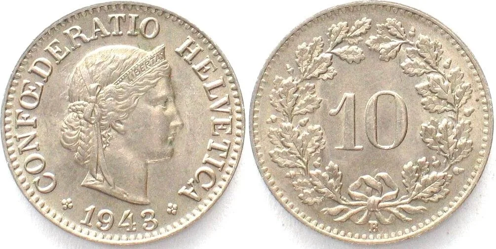 1943 SWITZERLAND 10 Rappen 1943 Cu-Ni UNC!