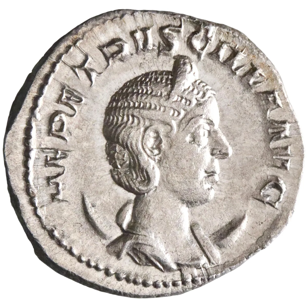 Roman: Herennia Etruscilla (249-251), silver antoninianus (4.09g), Rome mint, 249-251 CE. Pudicitia seated left, holding sceptre and drawing veil from her face.