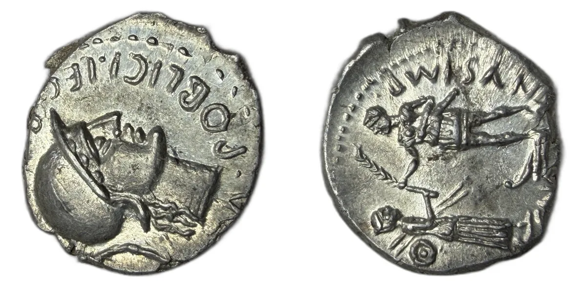 Cn. Pompeius Magnus and M. Poblicius. Denarius circa 46-45 BC