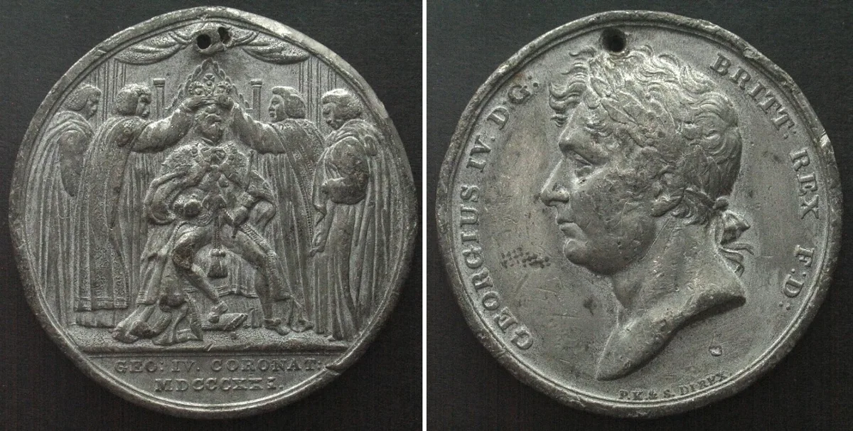 1821 GEORGE IV CORONATION 1821 Medal by Direx, white metal, 48mm VF+