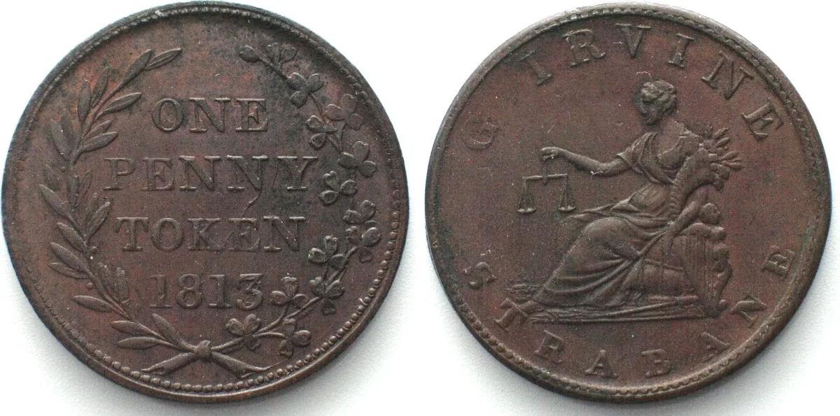 1813 Co. TYRONE, STRABANE Penny Token 1813/2 G. IRVINE copper AU!
