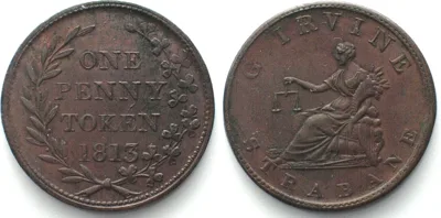 1813 Co. TYRONE, STRABANE Penny Token 1813/2 G. IRVINE copper AU!