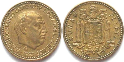 1966 SPAIN. Peseta 1963 (66), Franco, Alu-bronze, clashed dies mint error, XF EF