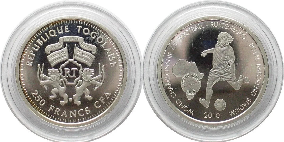 2010 TOGO 250 Francs 2010, Soccer World Cup, ROYAL BAFOKENG Rustenburg silver, RARE! Proof