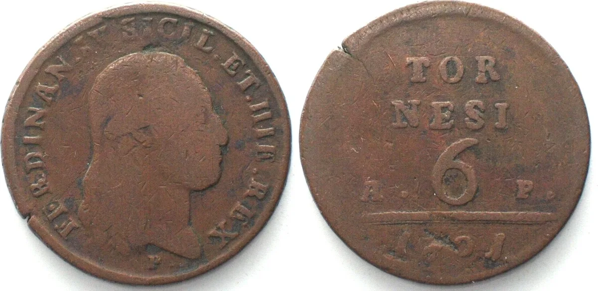 1801 NAPLES & SICILY 6 Tornesi 1801 AP, FERDINAND IV copper aVF VF-
