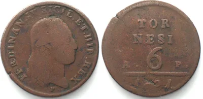 1801 NAPLES & SICILY 6 Tornesi 1801 AP, FERDINAND IV copper aVF VF-