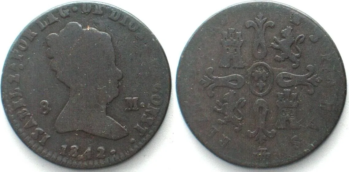 1842 SPAIN 8 Maravedis 1842 Aqueduct, Segovia mint ISABEL II copper aVF VF-