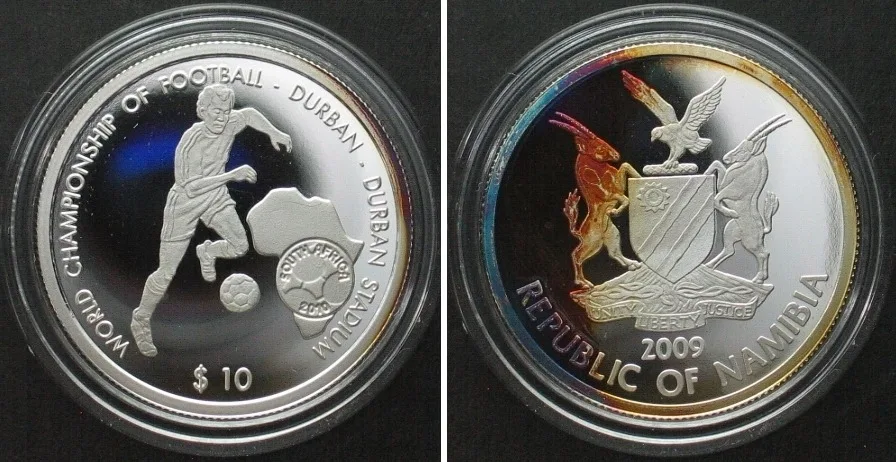 2009 NAMIBIA 10 $ 2009 FOOTBALL WORLD CUP, Durban Stadium, DURBAN, silver RARE! Proof